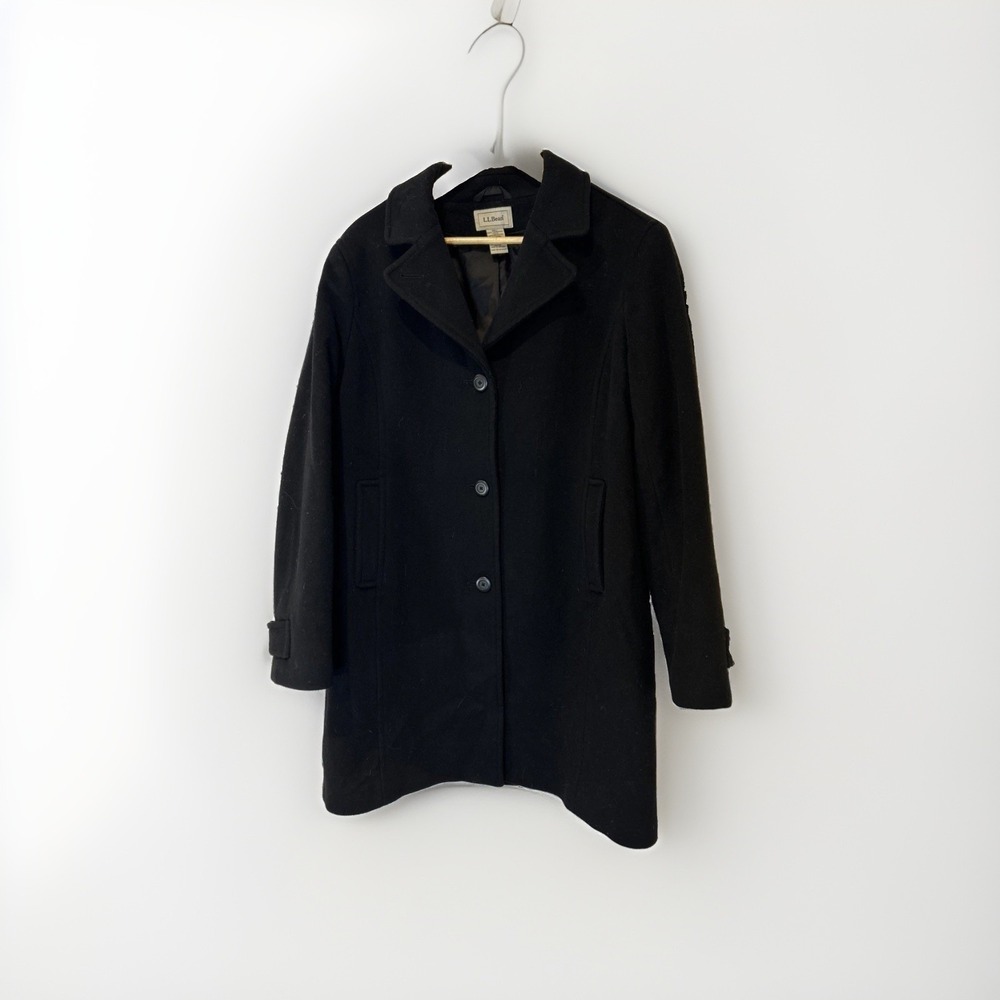 LL Bean Wool Blend Car Coat Womens Large Black Thinsulate Mid Length Pea Coat